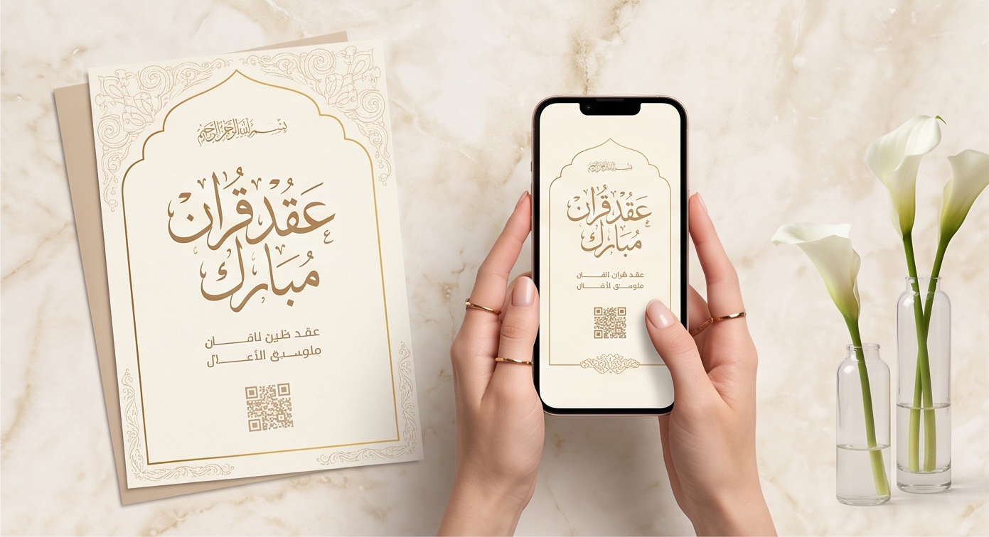 بطاقة عقد قران مطبوعة مع نسخة رقمية على الموبايل